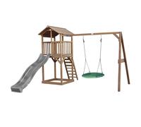 AXI Beach Tower parco giochi in legno in marrone | Torre di gioco per bambini con sabbiera, altalena a nido e scivolo grigio | Casa per bambini su palafitte per il giardino