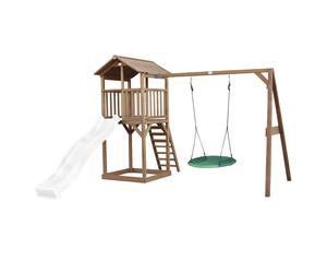 AXI Beach Tower parco giochi in legno in marrone | Torre di gioco per bambini con sabbiera, altalena a nido e scivolo bianco | Casa per bambini su palafitte per il giardino