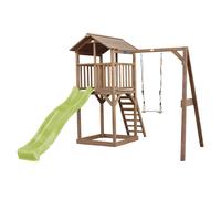 AXI Beach Tower parco giochi in legno in marrone | Torre di gioco per bambini con sabbiera, altalena e scivolo verde lime | Casa per bambini su palafitte per il giardino