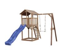 AXI Beach Tower parco giochi in legno in marrone | Torre di gioco per bambini con sabbiera, altalena e scivolo blu | Casa per bambini su palafitte per il giardino