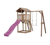 AXI Beach Tower parco giochi in legno in marrone | Torre di gioco per bambini con sabbiera, altalena e scivolo viola | Casa per bambini su palafitte per il giardino