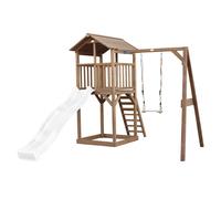 AXI Beach Tower parco giochi in legno in marrone | Torre di gioco per bambini con sabbiera, altalena e scivolo bianco | Casa per bambini su palafitte per il giardino
