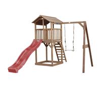 AXI Beach Tower parco giochi in legno in marrone | Torre di gioco per bambini con sabbiera, altalena e scivolo rosso | Casa per bambini su palafitte per il giardino