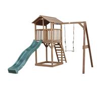 AXI Beach Tower parco giochi in legno in marrone | Torre di gioco per bambini con sabbiera, altalena e scivolo verde | Casa per bambini su palafitte per il giardino