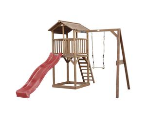 AXI Beach Tower parco giochi in legno in marrone | Torre di gioco per bambini con sabbiera, altalena e scivolo rosso | Casa per bambini su palafitte per il giardino