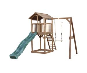 AXI Beach Tower parco giochi in legno in marrone | Torre di gioco per bambini con sabbiera, altalena e scivolo verde | Casa per bambini su palafitte per il giardino