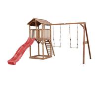 AXI Beach Tower parco giochi in legno in marrone | Torre di gioco per bambini con sabbiera, doppia altalena e scivolo rosso | Casa per bambini su palafitte per il giardino