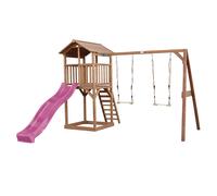 AXI Beach Tower parco giochi in legno in marrone | Torre di gioco per bambini con sabbiera, doppia altalena e scivolo viola | Casa per bambini su palafitte per il giardino