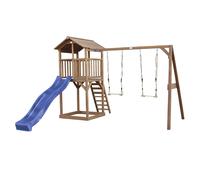 AXI Beach Tower parco giochi in legno in marrone | Torre di gioco per bambini con sabbiera, doppia altalena e scivolo blu | Casa per bambini su palafitte per il giardino