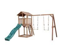 AXI Beach Tower parco giochi in legno in marrone | Torre di gioco per bambini con sabbiera, doppia altalena e scivolo verde | Casa per bambini su palafitte per il giardino
