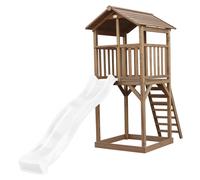 AXI Beach Tower parco giochi in legno in marrone | Torre di gioco per bambini con sabbiera e scivolo bianco | Casa per bambini su palafitte per il giardino