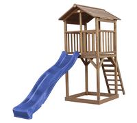 AXI Beach Tower parco giochi in legno in marrone | Torre di gioco per bambini con sabbiera e scivolo blu | Casa per bambini su palafitte per il giardino