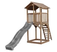 AXI Beach Tower parco giochi in legno in marrone | Torre di gioco per bambini con sabbiera e scivolo grigio | Casa per bambini su palafitte per il giardino