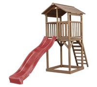 AXI Beach Tower parco giochi in legno in marrone | Torre di gioco per bambini con sabbiera e scivolo rosso | Casa per bambini su palafitte per il giardino