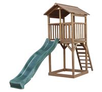 AXI Beach Tower parco giochi in legno in marrone | Torre di gioco per bambini con sabbiera e scivolo verde | Casa per bambini su palafitte per il giardino
