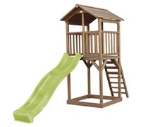 AXI Beach Tower parco giochi in legno in marrone | Torre di gioco per bambini con sabbiera e scivolo verde lime | Casa per bambini su palafitte per il giardino