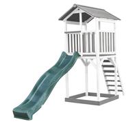 AXI Beach Tower Speeltoestel di legno in grigio e bianco | Torre di gioco per bambini con sandbox e scivolo verde | Playhouse su palafitte per il giardino
