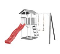 AXI Beach Tower Torre giochi in legno in grigio e bianco | Torre di gioco con sabbiera, altalena e scivolo rosso | Casa per bambini su palafitte per il giardino