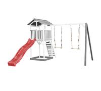 AXI Beach Tower Torre giochi in legno in grigio e bianco | Torre di gioco con sabbiera, doppia altalena e scivolo rosso | Casa per bambini su palafitte per il giardino