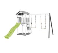 AXI Beach Tower Torre giochi in legno in grigio e bianco | Torre di gioco con sabbiera, doppia altalena e scivolo verde lime | Casa per bambini su palafitte per il giardino