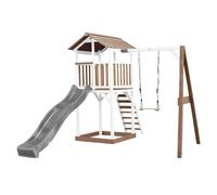 AXI Beach Tower Torre giochi in legno in marrone e bianco | Torre di gioco con sabbiera, altalena e scivolo grigio | Casa per bambini su palafitte per il giardino