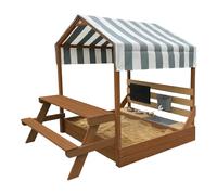 AXI Bo Sabbiera e casetta da gioco in legno - con cucina giocattolo, tetto e tavolo da picnic - Marrone | Accessori 6 pezzi inclusi | Con telo di base | 159 x 105 cm