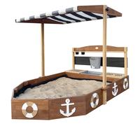 AXI Dora Babbia in legno a forma di barca | Sabbiera a forma Nave, grigia e marrone con cucina giocattolo girevole, lavagna e due fioriere | Sabbiera Barca| 160x100x110 cm