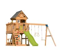 AXI Jack Casetta per Bambini in Legno con 2 Altalene, Scivolo Giallo / Parco Giochi all'Aperto, Sabbiera, Trapezio / Parete di arrampicata | Giochi in Legno per Esterni