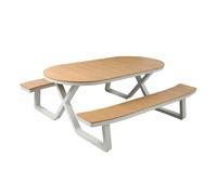 AXI Jax Tavolo da Picnic con 2 Panche Ovale - Beige Effetto Teak - per 6 Persone | In alluminio e Polywood | Set per il giardino | 200 x 190 x 75 cm