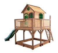 AXI Liam Casa Bambini con pavimento, sabbiera e scivolo verde | Casetta da gioco per giardino / esterno in marrone e verde in legno FSC | Parco giochi per bambini