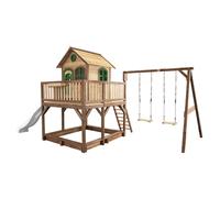 AXI Liam Casetta con pavimento, sabbiera, altalena a nido e scivolo bianco | Casa da gioco per giardino / esterno in marrone e verde in legno FSC | Parco giochi per bambini