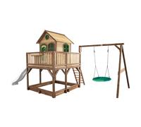 AXI Liam Casetta con pavimento, sabbiera, altalena a nido e scivolo bianco | Casa da gioco per giardino / esterno in marrone e verde in legno FSC | Parco giochi per bambini