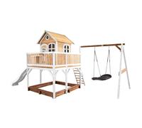 AXI Liam Casetta con pavimento, sabbiera, altalena a nido e scivolo bianco | Casa da gioco per giardino / esterno in marrone e bianco da legno FSC | Parco giochi per bambini