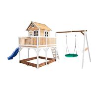AXI Liam Casetta con pavimento, sabbiera, altalena a nido e scivolo blu | Casa da gioco per giardino / esterno in marrone e bianco da legno FSC | Parco giochi per bambini