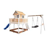 AXI Liam Casetta con pavimento, sabbiera, altalena a nido e scivolo blu | Casa da gioco per giardino / esterno in marrone e bianco da legno FSC | Parco giochi per bambini