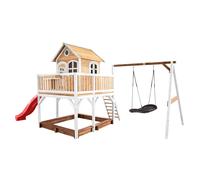 AXI Liam Casetta con pavimento, sabbiera, altalena a nido e scivolo rosso | Casa da gioco per giardino / esterno in marrone e bianco da legno FSC | Parco giochi per bambini