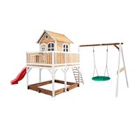 AXI Liam Casetta con pavimento, sabbiera, altalena a nido e scivolo rosso | Casa da gioco per giardino / esterno in marrone e bianco da legno FSC | Parco giochi per bambini