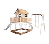 AXI Liam Casetta con pavimento, sabbiera, altalena singola e scivolo bianco | Casa da gioco per giardino / esterno in marrone e bianco da legno FSC | Parco giochi per parco giochi per bambini
