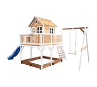AXI Liam Casetta con pavimento, sabbiera, altalena singola e scivolo blu | Casa da gioco per giardino / esterno in marrone e bianco da legno FSC | Parco giochi per parco giochi per bambini