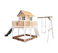 AXI Liam Casetta con pavimento, sabbiera, altalena singola e scivolo grigio | Casa da gioco per giardino / esterno in marrone e bianco in legno FSC | Parco giochi per bambini