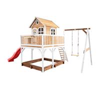 AXI Liam Casetta con pavimento, sabbiera, altalena singola e scivolo rosso | Casa da gioco per giardino / esterno in marrone e bianco da legno FSC | Parco giochi per parco giochi per bambini