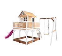 AXI Liam Casetta con pavimento, sabbiera, altalena singola e scivolo viola | Casa da gioco per giardino / esterno in marrone e bianco da legno FSC | Parco giochi per parco giochi per bambini