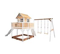 AXI Liam Casetta con pavimento, sabbiera, doppia altalena e scivolo bianco | Casa da gioco per giardino / esterno in marrone e bianco da legno FSC | Parco giochi per bambini