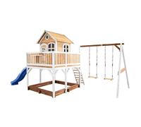 AXI Liam Casetta con pavimento, sabbiera, doppia altalena e scivolo blu | Casa da gioco per giardino / esterno in marrone e bianco da legno FSC | Parco giochi per bambini