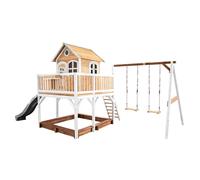 AXI Liam Casetta con pavimento, sabbiera, doppia altalena e scivolo grigio | Casa da gioco per giardino / esterno in marrone e bianco in legno FSC | Parco giochi per bambini