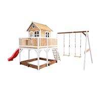 AXI Liam Casetta con pavimento, sabbiera, doppia altalena e scivolo rosso | Casa da gioco per giardino / esterno in marrone e bianco da legno FSC | Parco giochi per bambini
