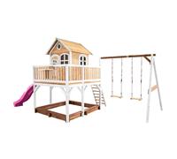 AXI Liam Casetta con pavimento, sabbiera, doppia altalena e scivolo viola | Casa da gioco per giardino / esterno in marrone e bianco da legno FSC | Parco giochi per bambini