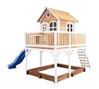 AXI Liam Casetta con pavimento, sabbiera e scivolo blu | Casa da gioco per giardino / esterno in marrone e bianco in legno FSC | Parco giochi per bambini