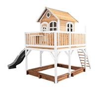 AXI Liam Casetta con pavimento, sabbiera e scivolo grigio | Casa da gioco per giardino / esterno in marrone e bianco in legno FSC | Parco giochi per bambini