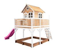 AXI Liam Casetta con pavimento, sabbiera e scivolo viola | Casa da gioco per giardino / esterno in marrone e bianco in legno FSC | Parco giochi per bambini